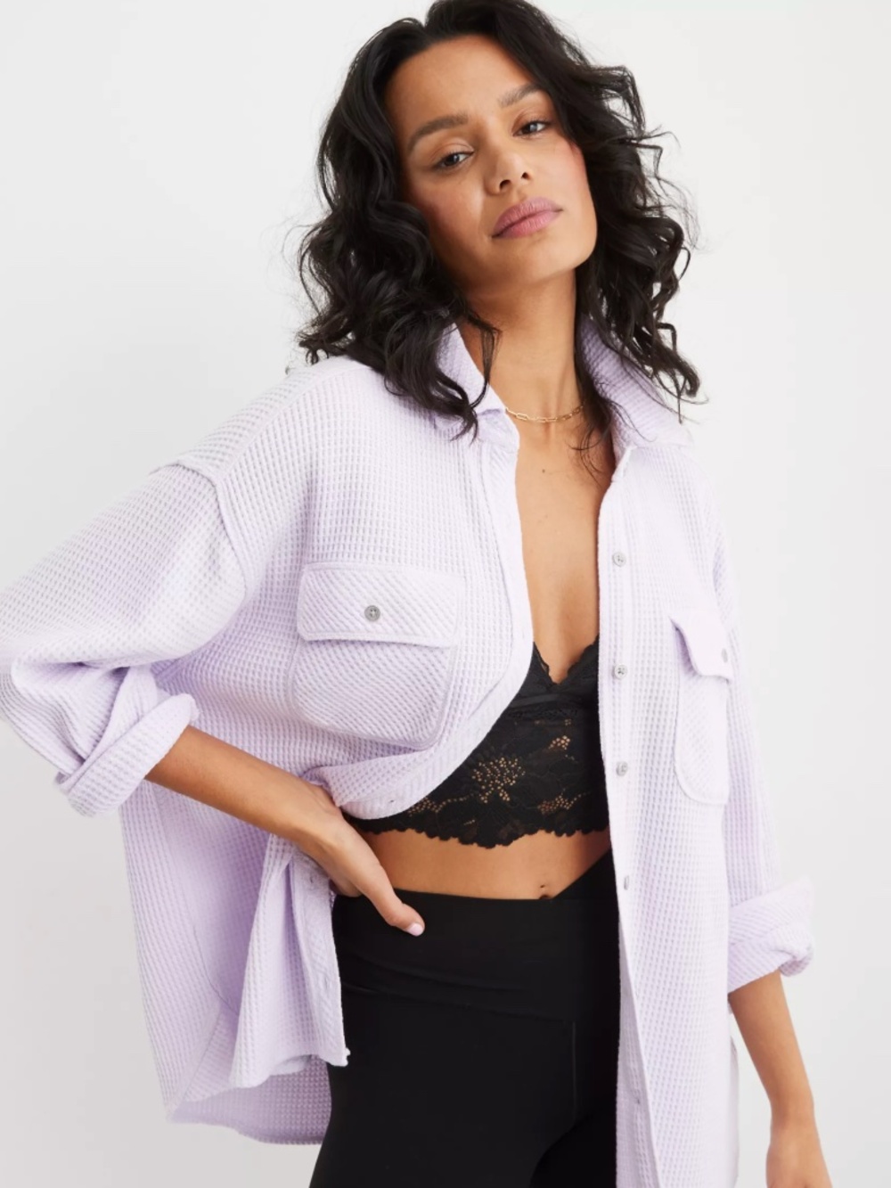 Aerie LumberJane oversized waffle knit button up shirt size M lavender purple